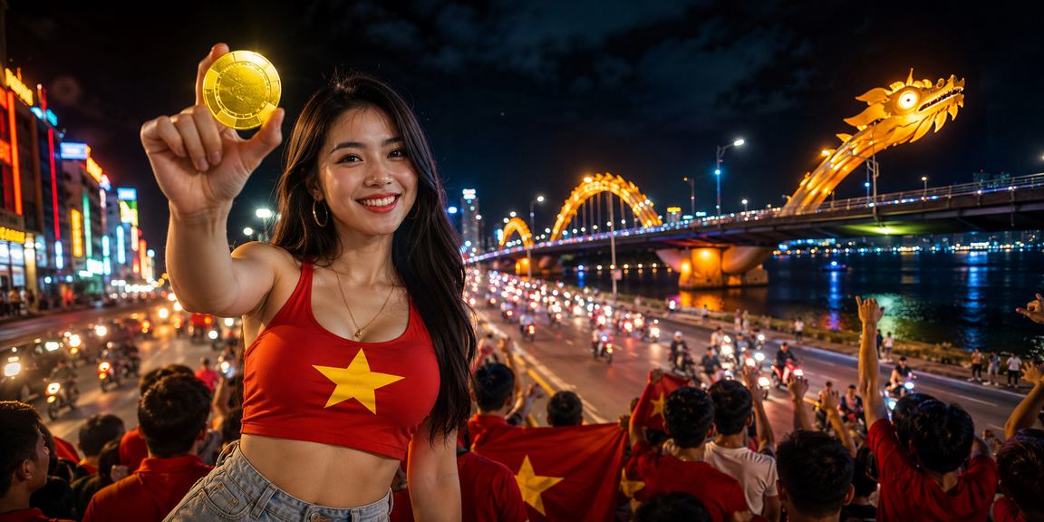 Cảnh đêm Đà Nẵng với ánh đèn neon và người dùng tham gia trò chơi trực tuyến