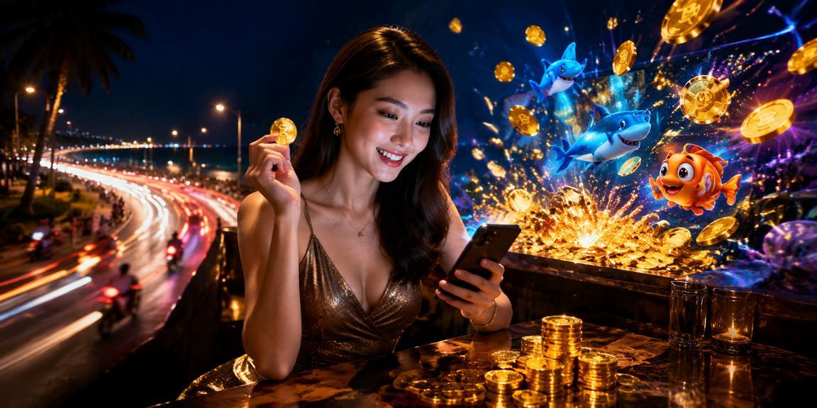 Người dùng chơi casino di động tại bãi biển Mũi Né dưới ánh hoàng hôn